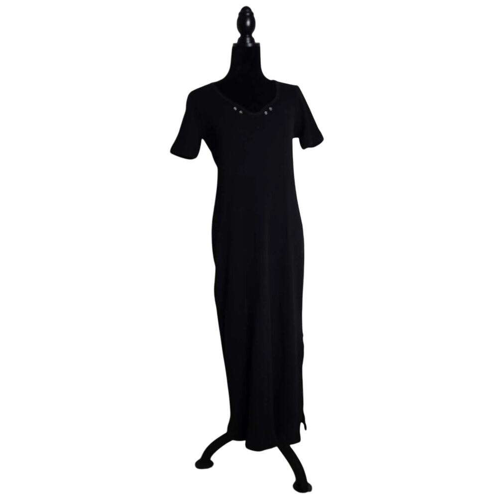 Vintage Lauren Ralph Lauren Black Ribbed Maxi Dress M 90s Grommet Cotton